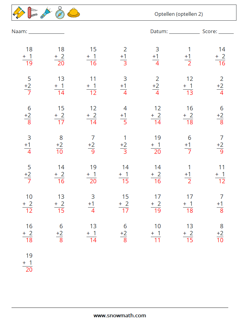 (50) Optellen (optellen 2) Wiskundige werkbladen 9 Vraag, Antwoord