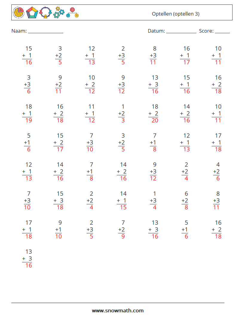 (50) Optellen (optellen 3) Wiskundige werkbladen 11 Vraag, Antwoord