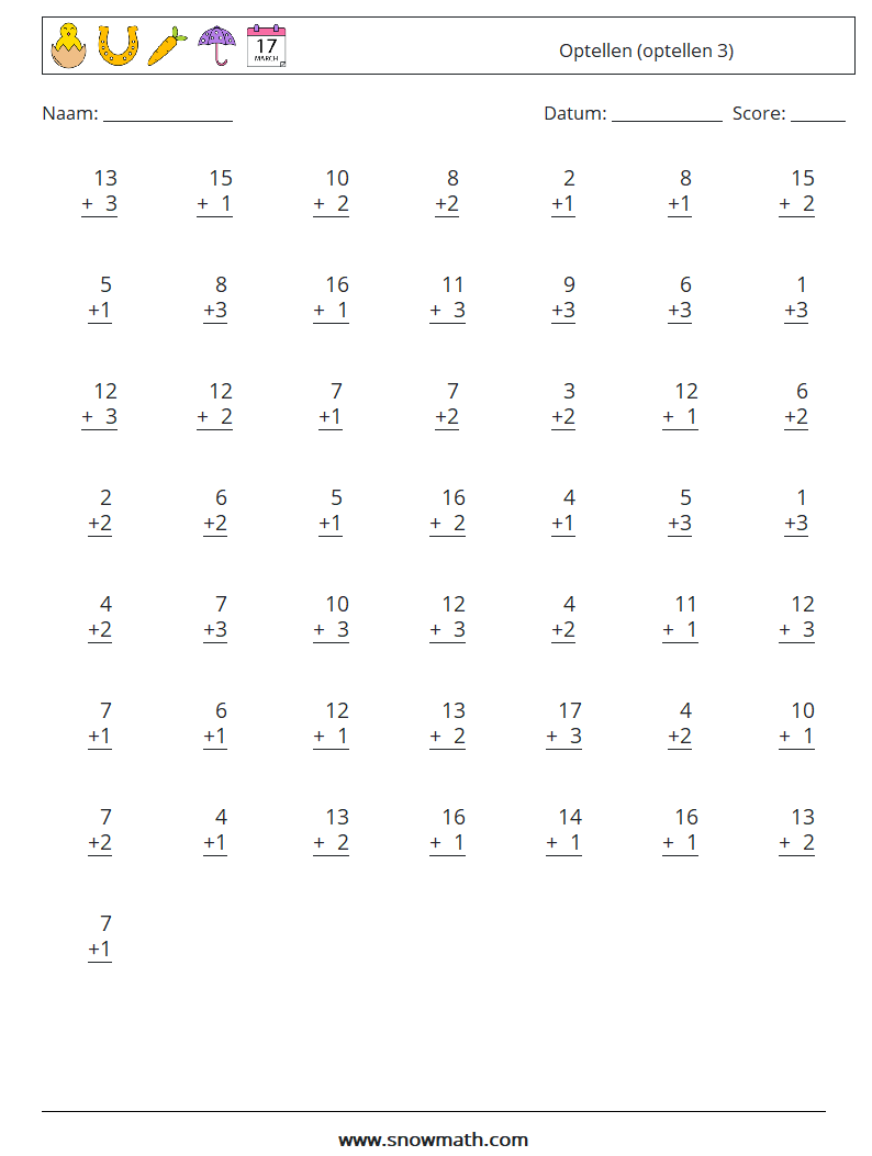 (50) Optellen (optellen 3) Wiskundige werkbladen 12