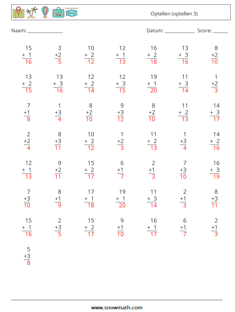 (50) Optellen (optellen 3) Wiskundige werkbladen 13 Vraag, Antwoord