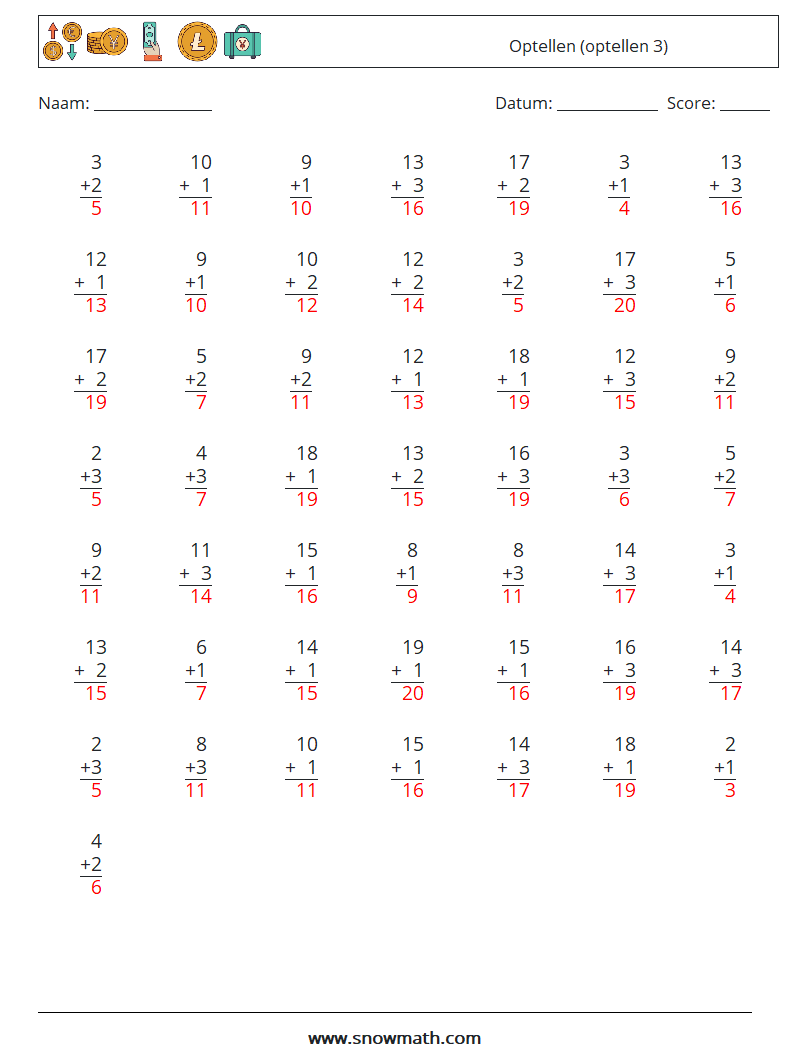 (50) Optellen (optellen 3) Wiskundige werkbladen 15 Vraag, Antwoord