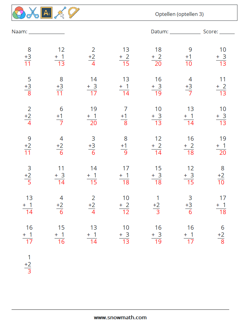 (50) Optellen (optellen 3) Wiskundige werkbladen 16 Vraag, Antwoord