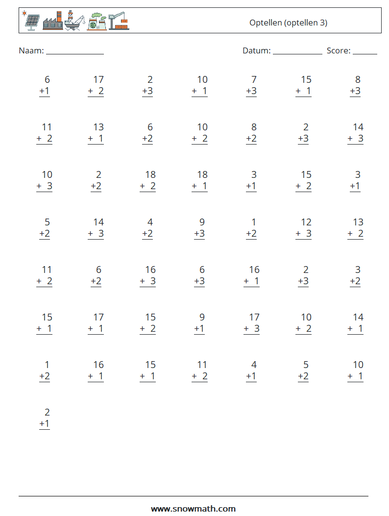 (50) Optellen (optellen 3) Wiskundige werkbladen 18