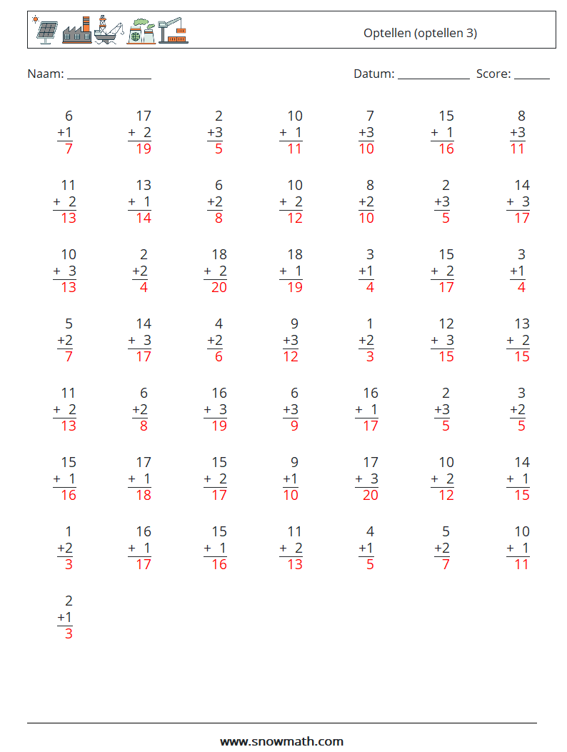 (50) Optellen (optellen 3) Wiskundige werkbladen 18 Vraag, Antwoord