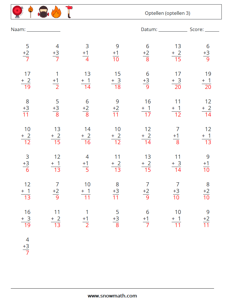 (50) Optellen (optellen 3) Wiskundige werkbladen 1 Vraag, Antwoord