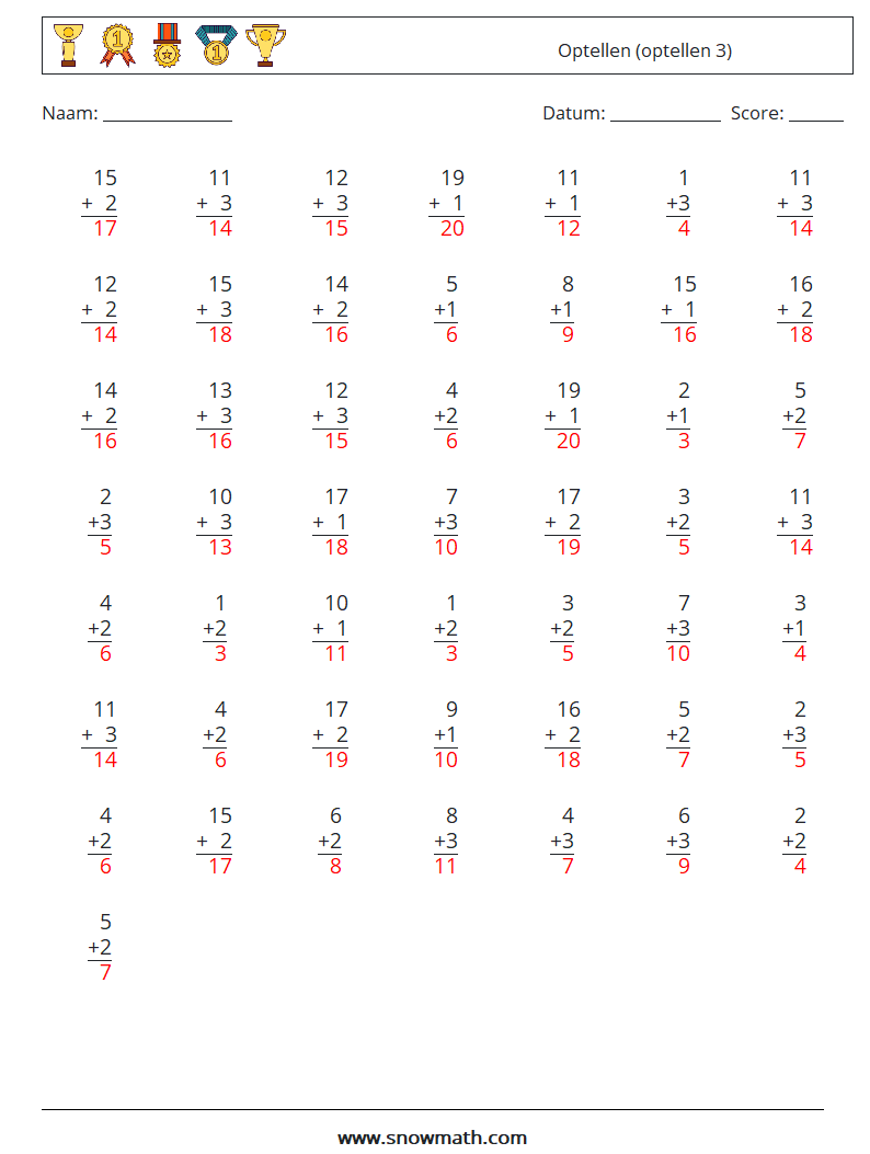 (50) Optellen (optellen 3) Wiskundige werkbladen 2 Vraag, Antwoord