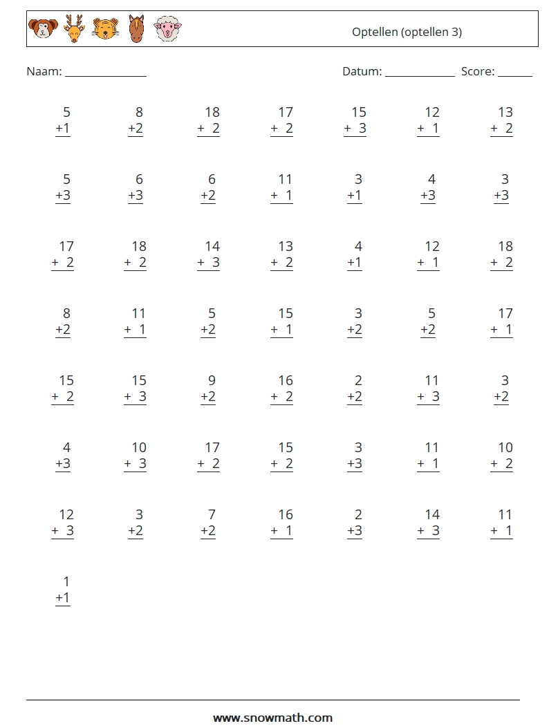 (50) Optellen (optellen 3) Wiskundige werkbladen 3