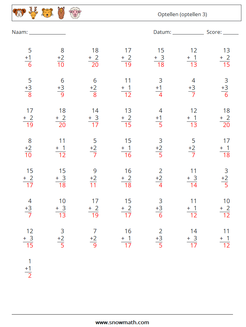 (50) Optellen (optellen 3) Wiskundige werkbladen 3 Vraag, Antwoord