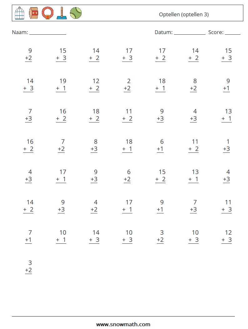 (50) Optellen (optellen 3) Wiskundige werkbladen 5