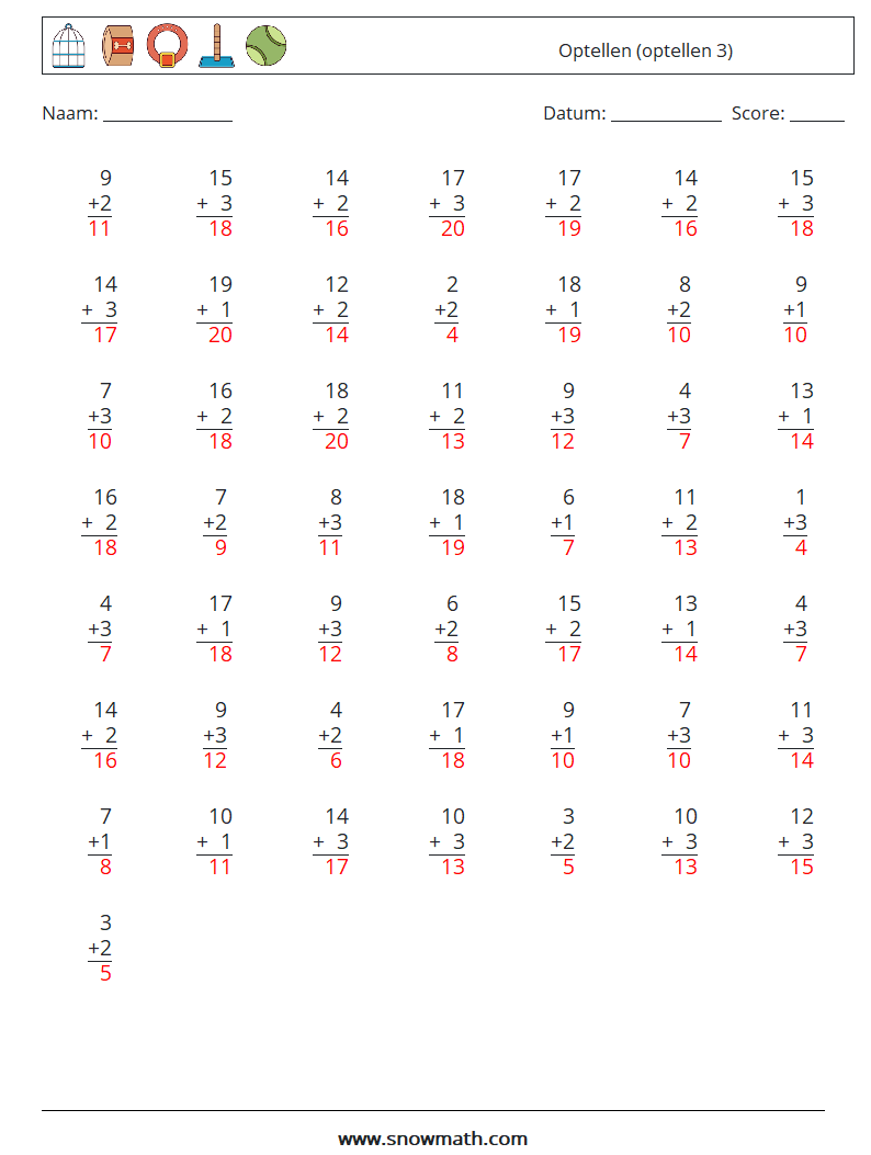 (50) Optellen (optellen 3) Wiskundige werkbladen 5 Vraag, Antwoord