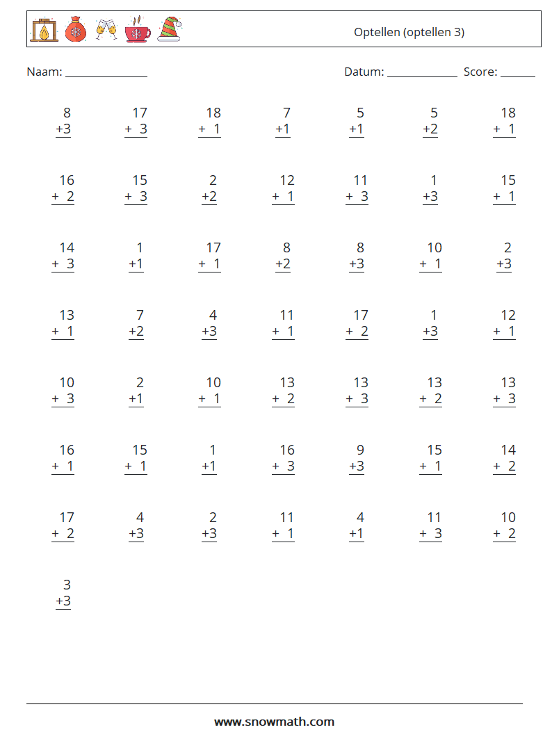 (50) Optellen (optellen 3) Wiskundige werkbladen 6