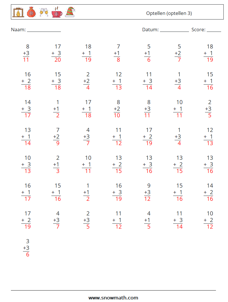 (50) Optellen (optellen 3) Wiskundige werkbladen 6 Vraag, Antwoord