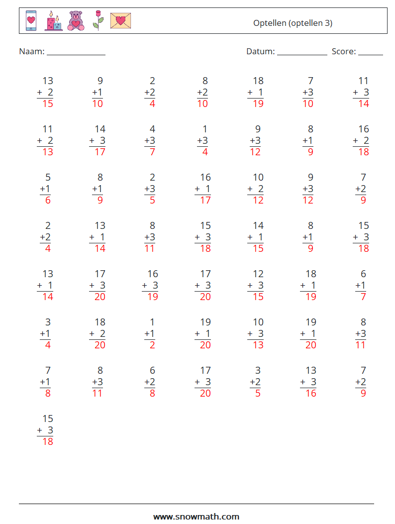 (50) Optellen (optellen 3) Wiskundige werkbladen 8 Vraag, Antwoord