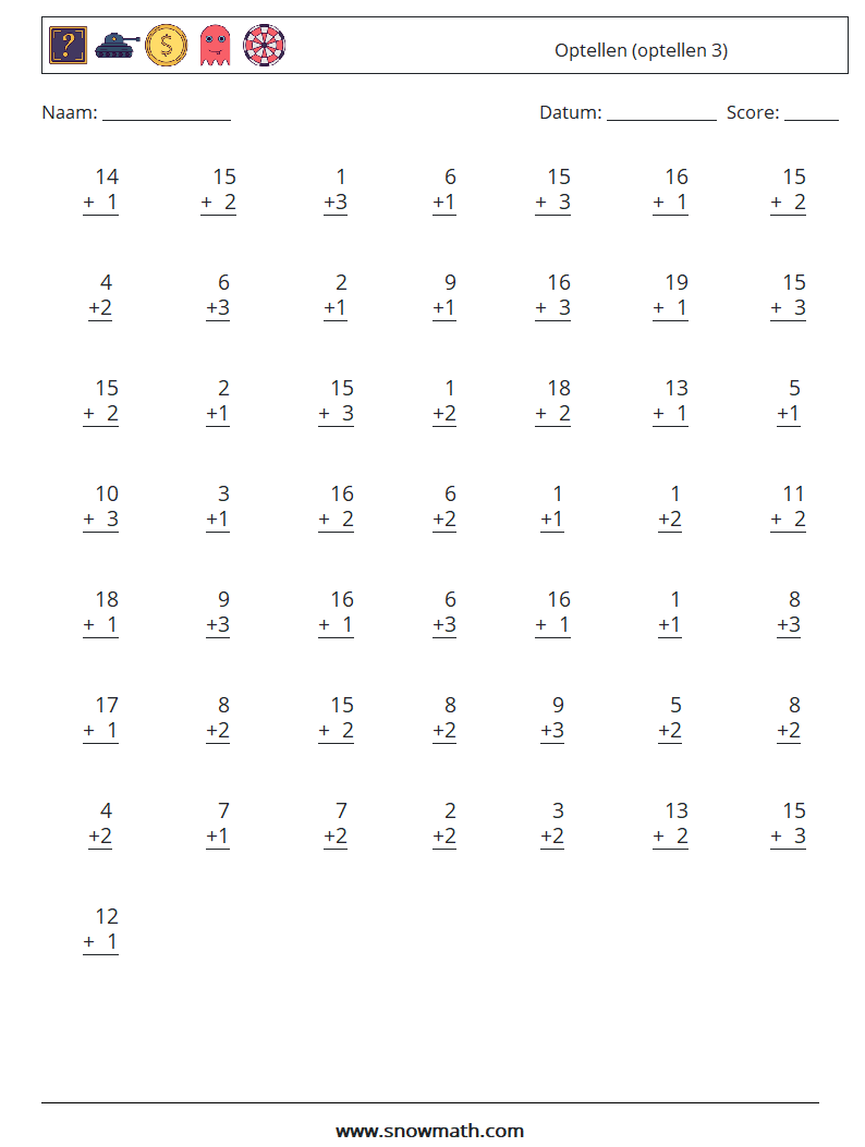 (50) Optellen (optellen 3) Wiskundige werkbladen 9