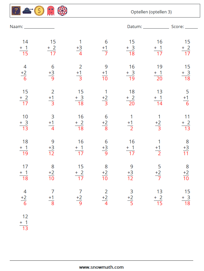 (50) Optellen (optellen 3) Wiskundige werkbladen 9 Vraag, Antwoord