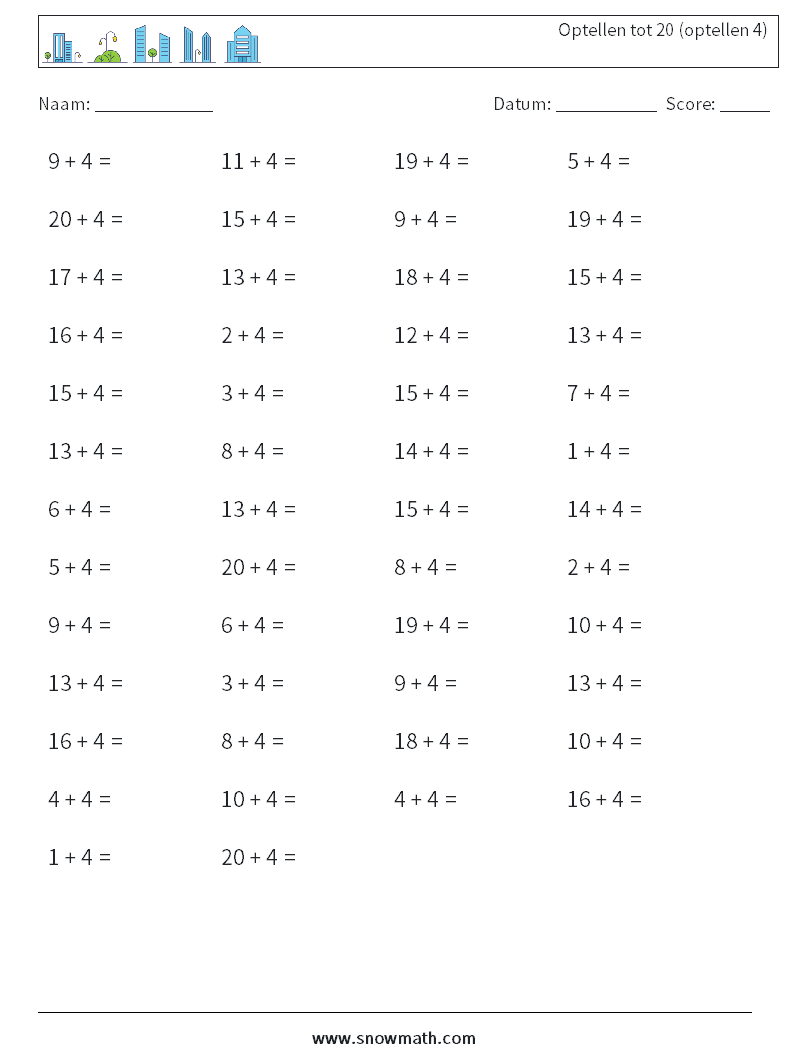 (50) Optellen tot 20 (optellen 4)