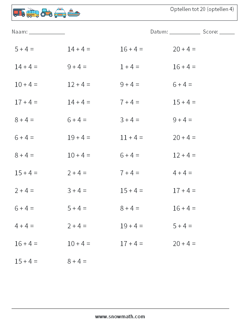 (50) Optellen tot 20 (optellen 4) Wiskundige werkbladen 3