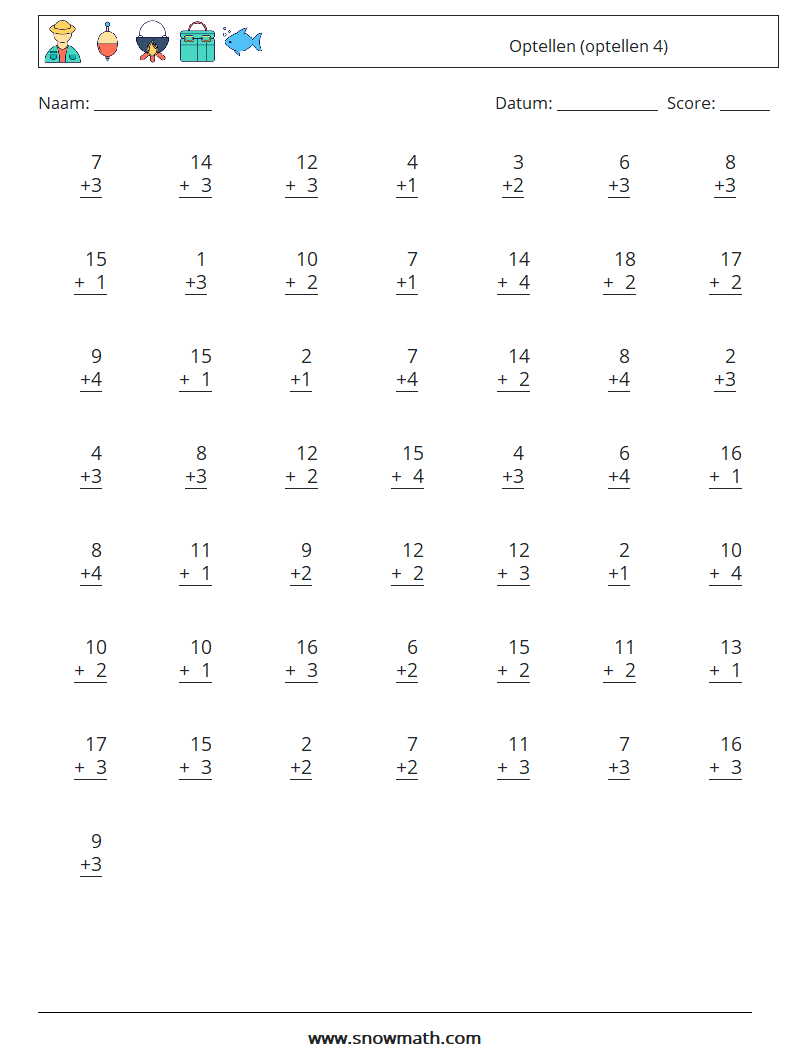 (50) Optellen (optellen 4) Wiskundige werkbladen 1