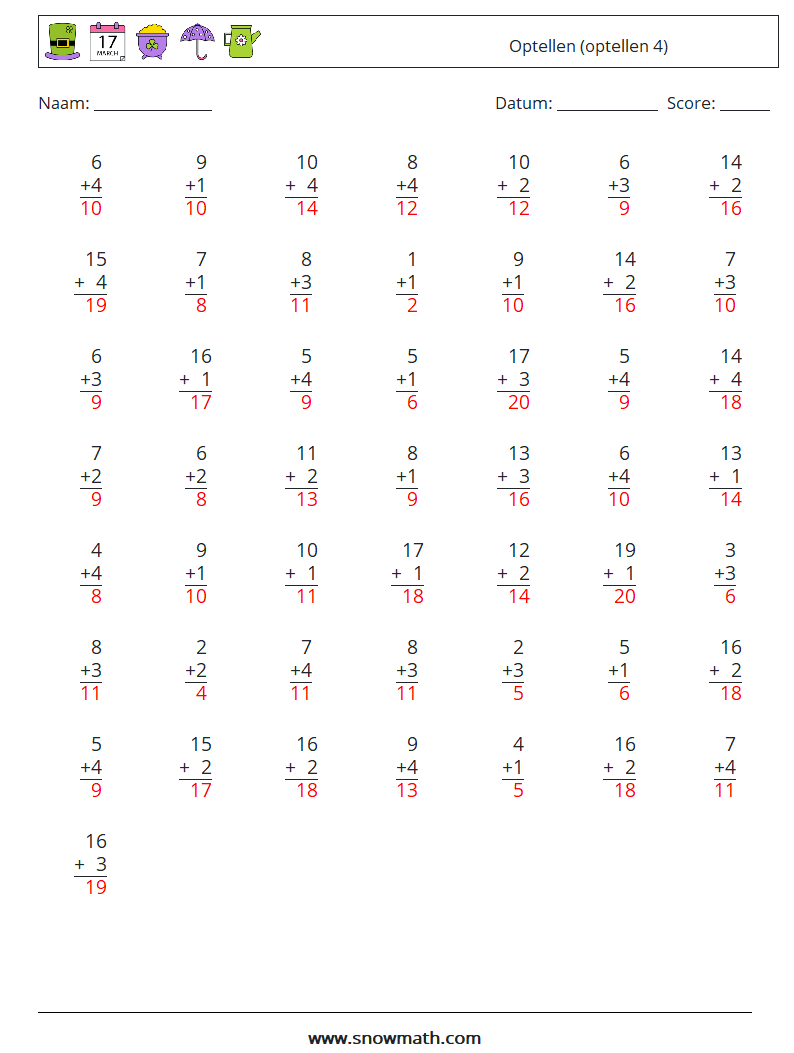 (50) Optellen (optellen 4) Wiskundige werkbladen 11 Vraag, Antwoord