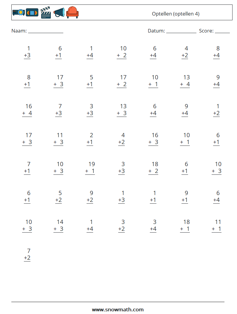 (50) Optellen (optellen 4) Wiskundige werkbladen 12