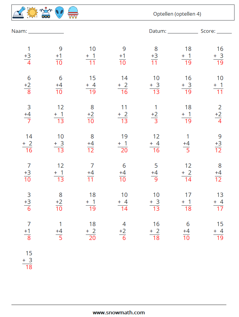 (50) Optellen (optellen 4) Wiskundige werkbladen 13 Vraag, Antwoord
