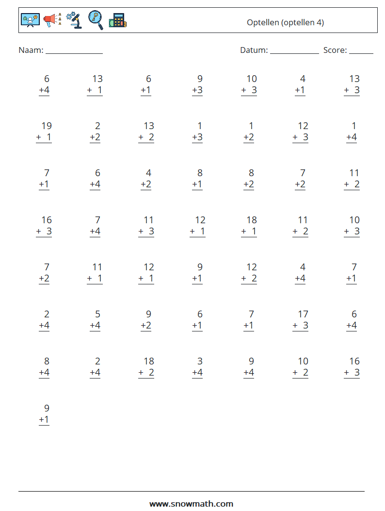 (50) Optellen (optellen 4) Wiskundige werkbladen 14