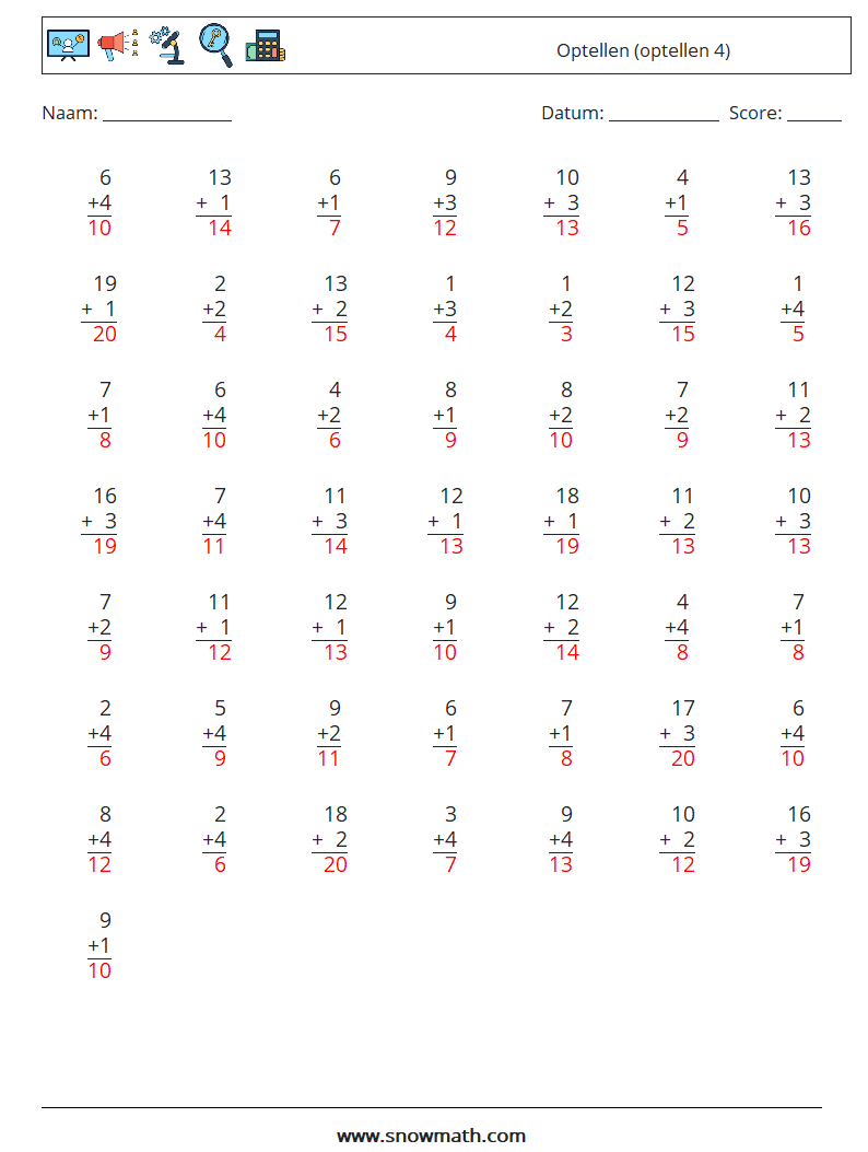 (50) Optellen (optellen 4) Wiskundige werkbladen 14 Vraag, Antwoord