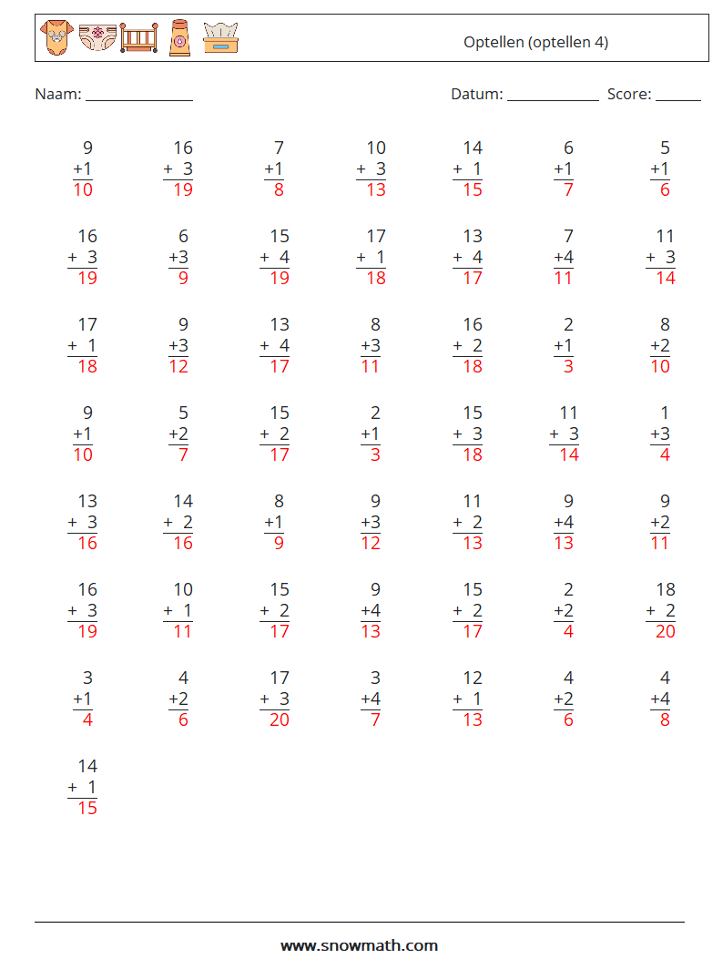 (50) Optellen (optellen 4) Wiskundige werkbladen 17 Vraag, Antwoord