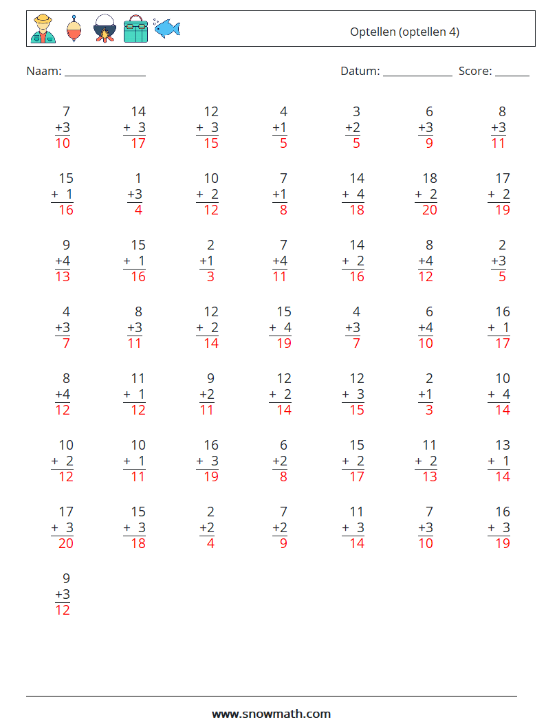 (50) Optellen (optellen 4) Wiskundige werkbladen 1 Vraag, Antwoord