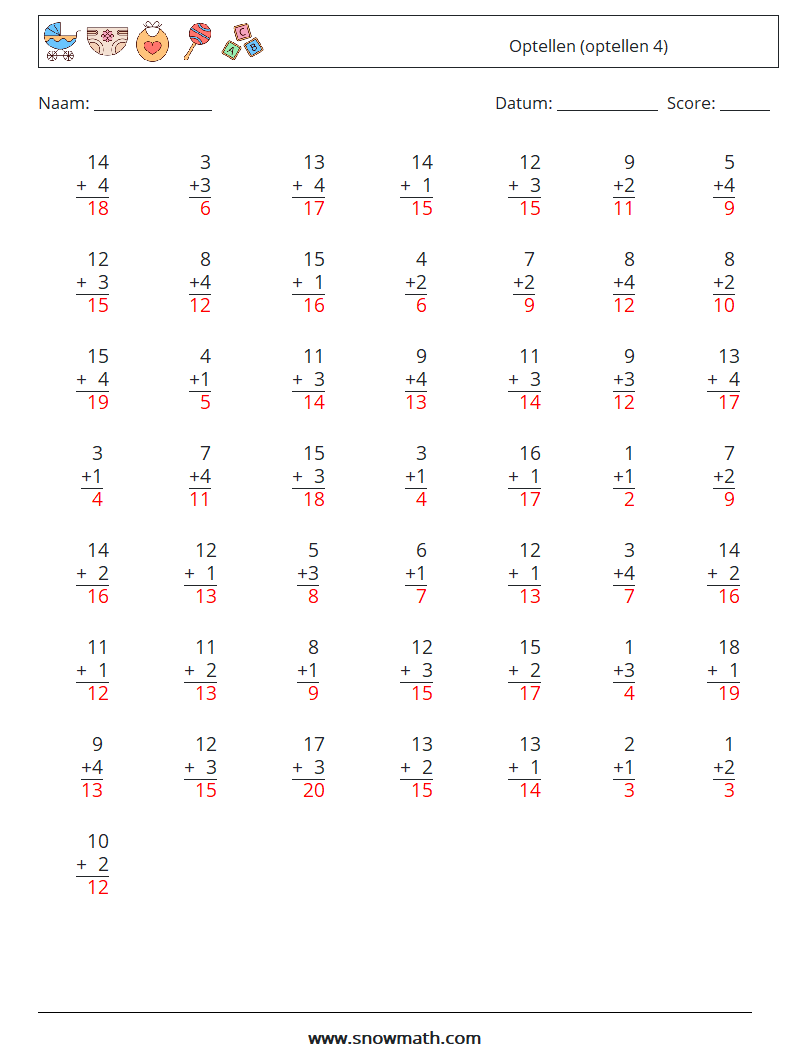 (50) Optellen (optellen 4) Wiskundige werkbladen 2 Vraag, Antwoord