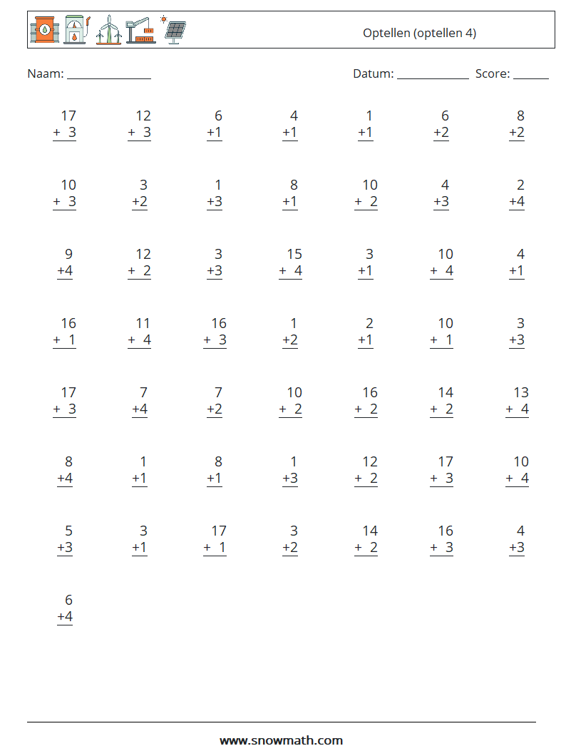 (50) Optellen (optellen 4) Wiskundige werkbladen 3