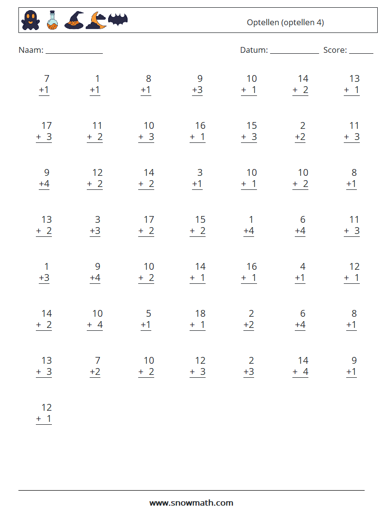 (50) Optellen (optellen 4) Wiskundige werkbladen 4