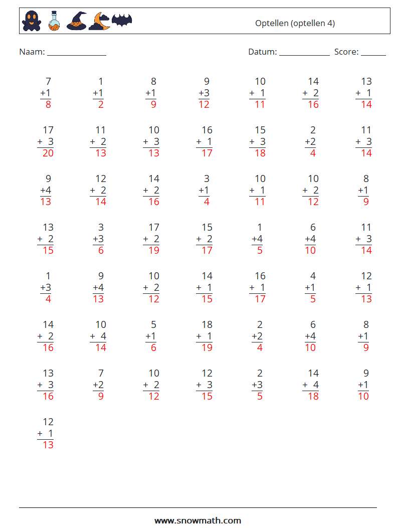 (50) Optellen (optellen 4) Wiskundige werkbladen 4 Vraag, Antwoord