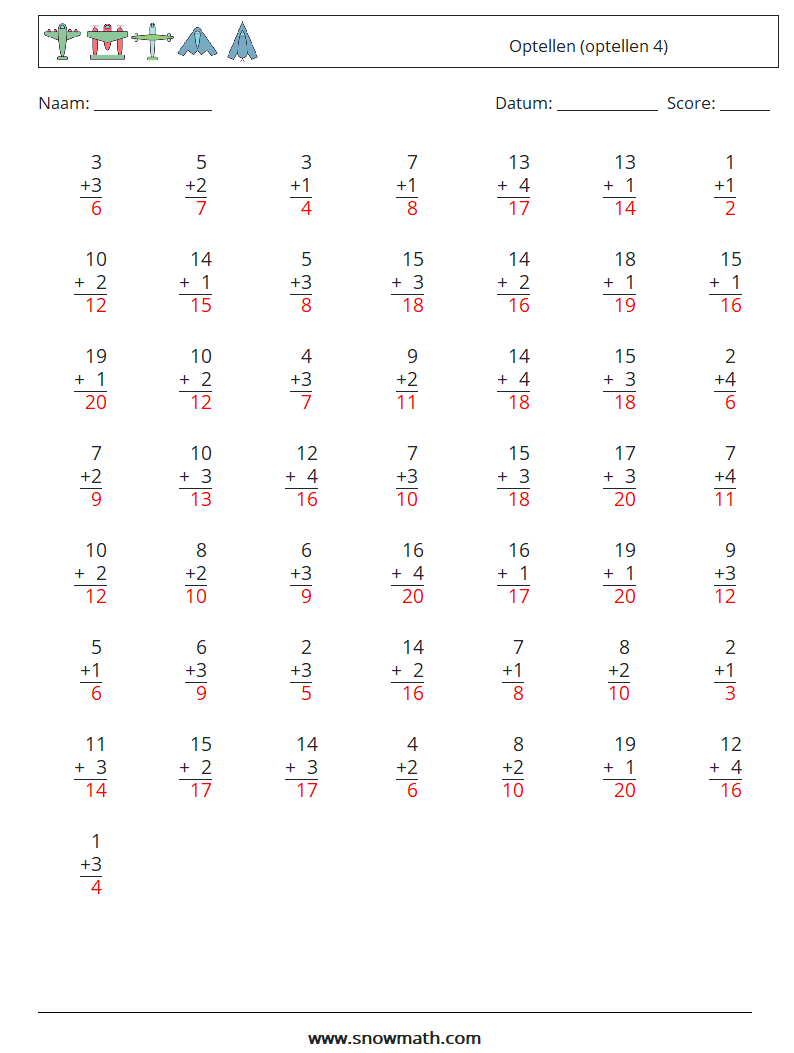 (50) Optellen (optellen 4) Wiskundige werkbladen 5 Vraag, Antwoord