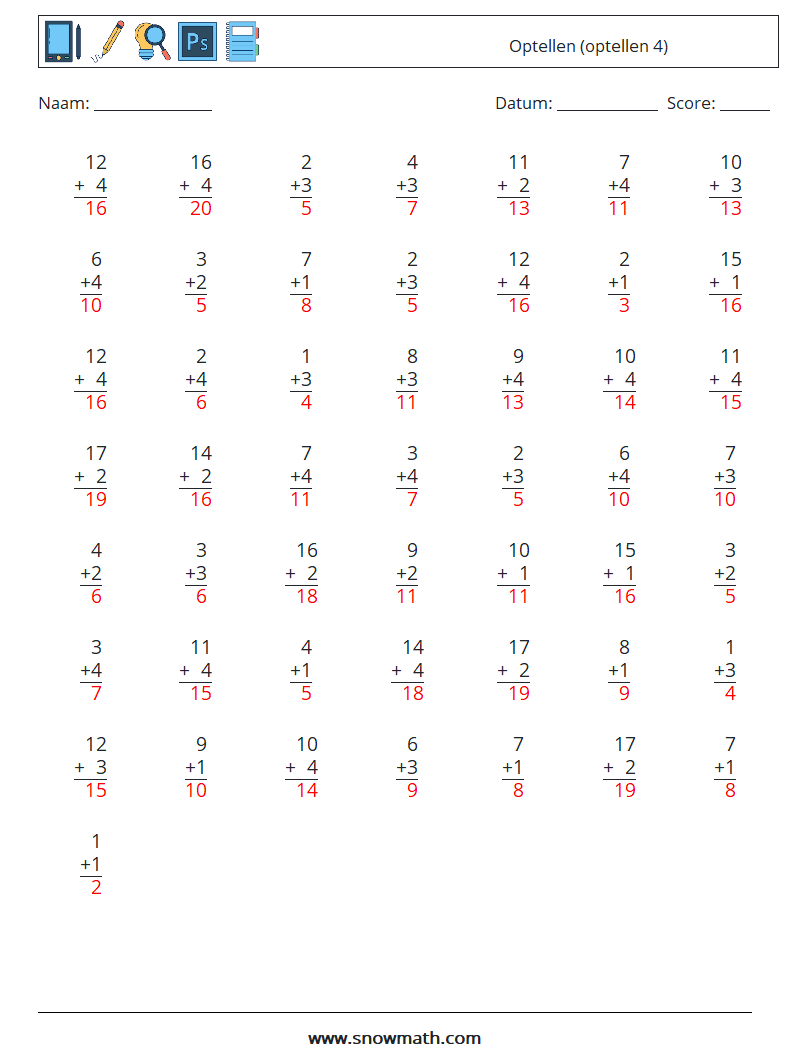 (50) Optellen (optellen 4) Wiskundige werkbladen 6 Vraag, Antwoord