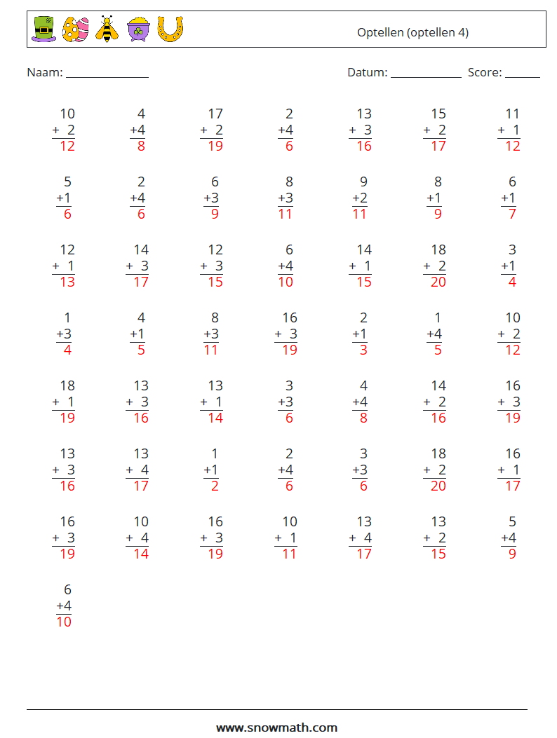 (50) Optellen (optellen 4) Wiskundige werkbladen 7 Vraag, Antwoord