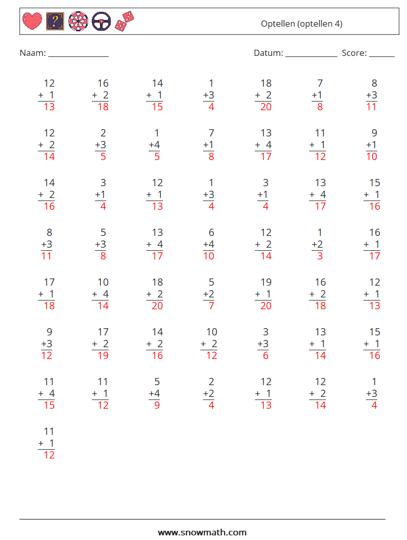 (50) Optellen (optellen 4) Wiskundige werkbladen 8 Vraag, Antwoord