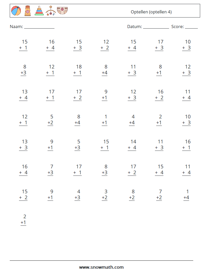 (50) Optellen (optellen 4) Wiskundige werkbladen 9