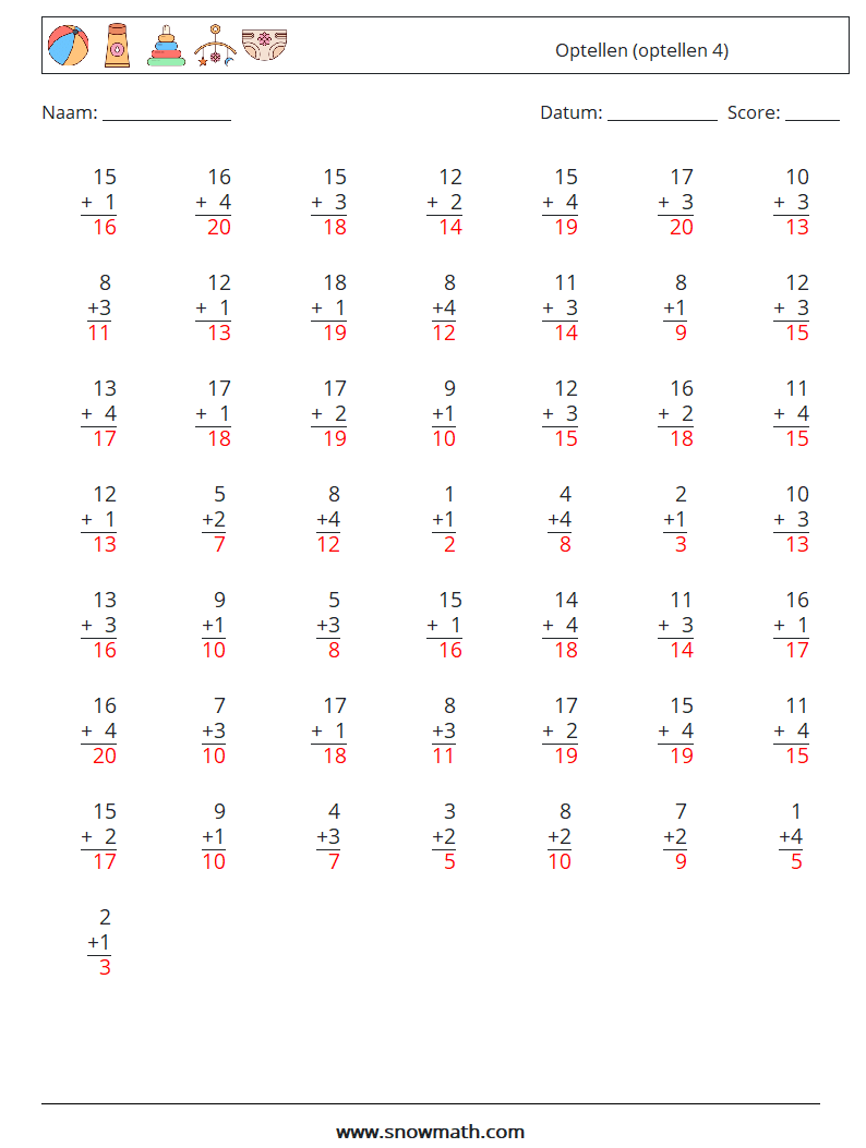 (50) Optellen (optellen 4) Wiskundige werkbladen 9 Vraag, Antwoord