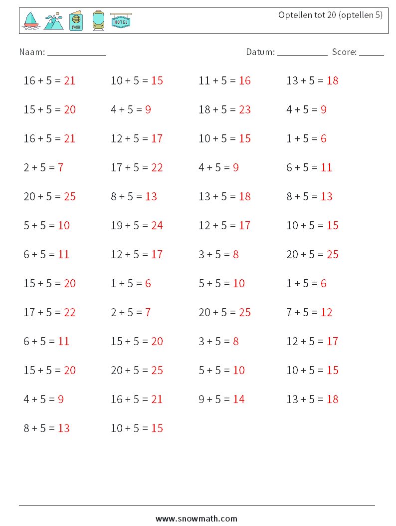 (50) Optellen tot 20 (optellen 5) Wiskundige werkbladen 1 Vraag, Antwoord
