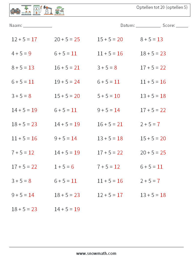 (50) Optellen tot 20 (optellen 5) Wiskundige werkbladen 2 Vraag, Antwoord