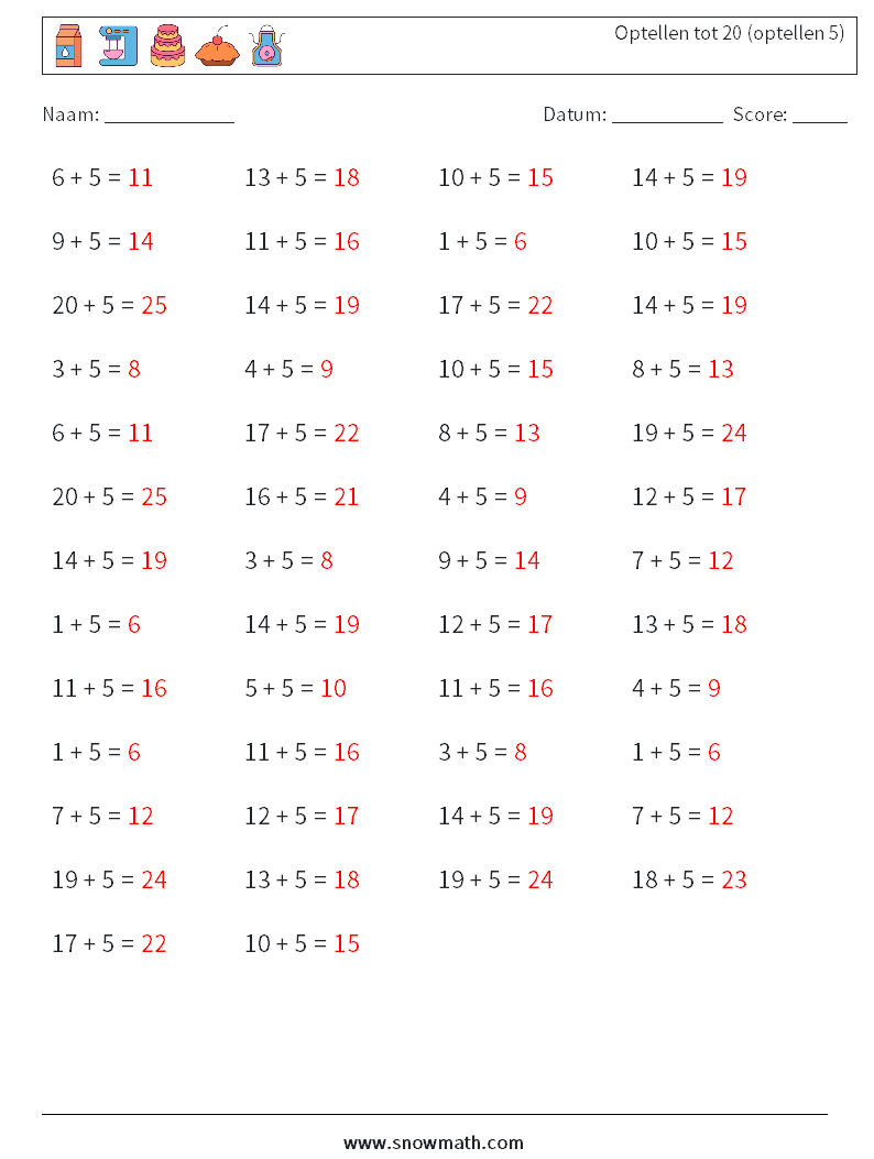 (50) Optellen tot 20 (optellen 5) Wiskundige werkbladen 4 Vraag, Antwoord