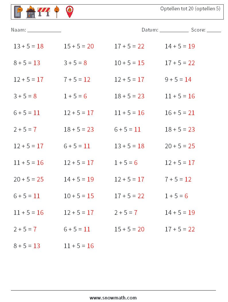 (50) Optellen tot 20 (optellen 5) Wiskundige werkbladen 5 Vraag, Antwoord