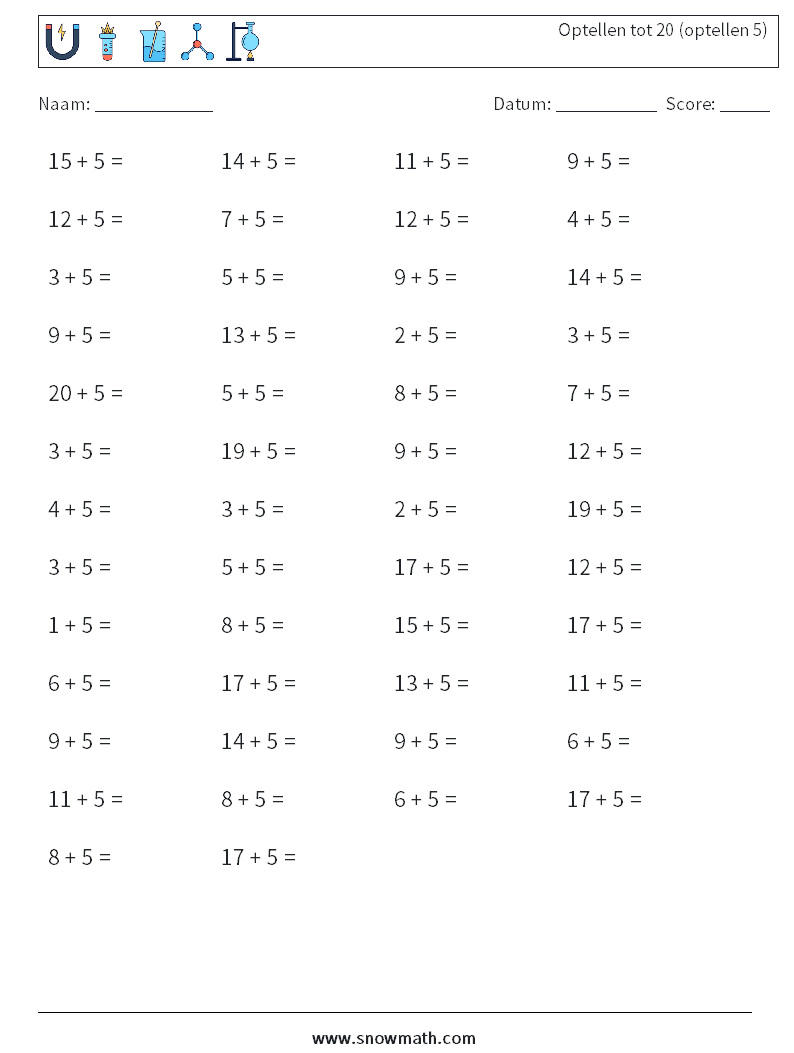(50) Optellen tot 20 (optellen 5) Wiskundige werkbladen 6