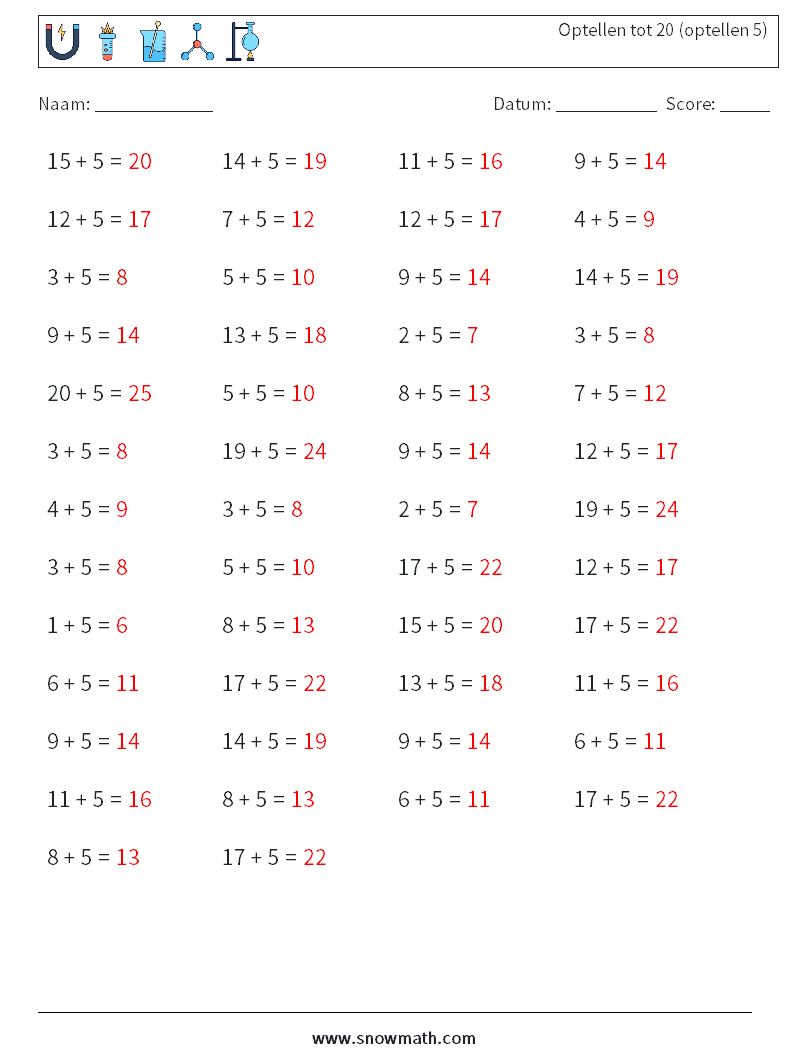 (50) Optellen tot 20 (optellen 5) Wiskundige werkbladen 6 Vraag, Antwoord