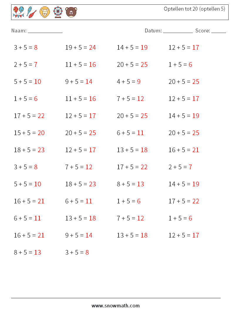 (50) Optellen tot 20 (optellen 5) Wiskundige werkbladen 8 Vraag, Antwoord