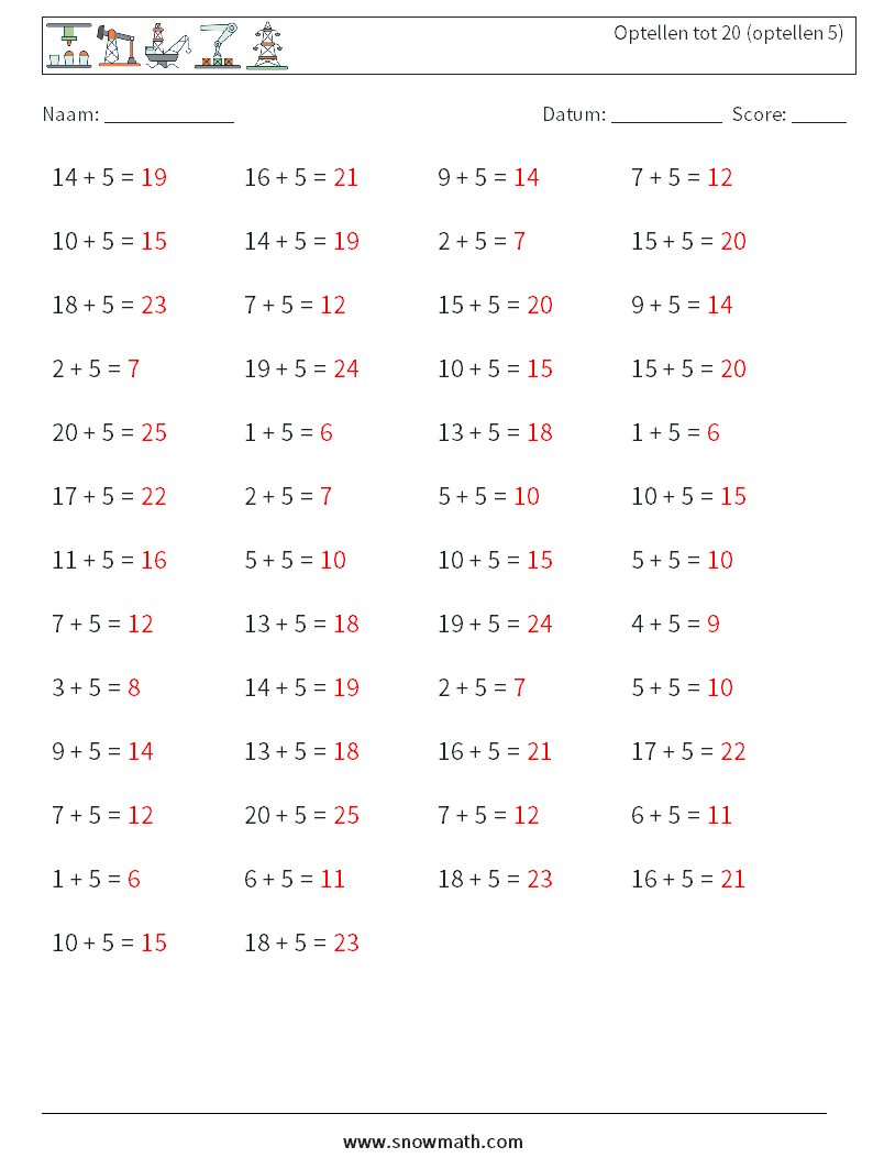 (50) Optellen tot 20 (optellen 5) Wiskundige werkbladen 9 Vraag, Antwoord