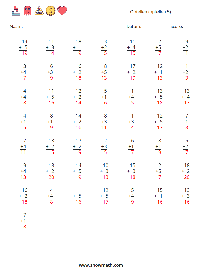 (50) Optellen (optellen 5) Wiskundige werkbladen 10 Vraag, Antwoord