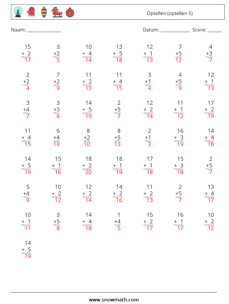 (50) Optellen (optellen 5) Wiskundige werkbladen 11 Vraag, Antwoord