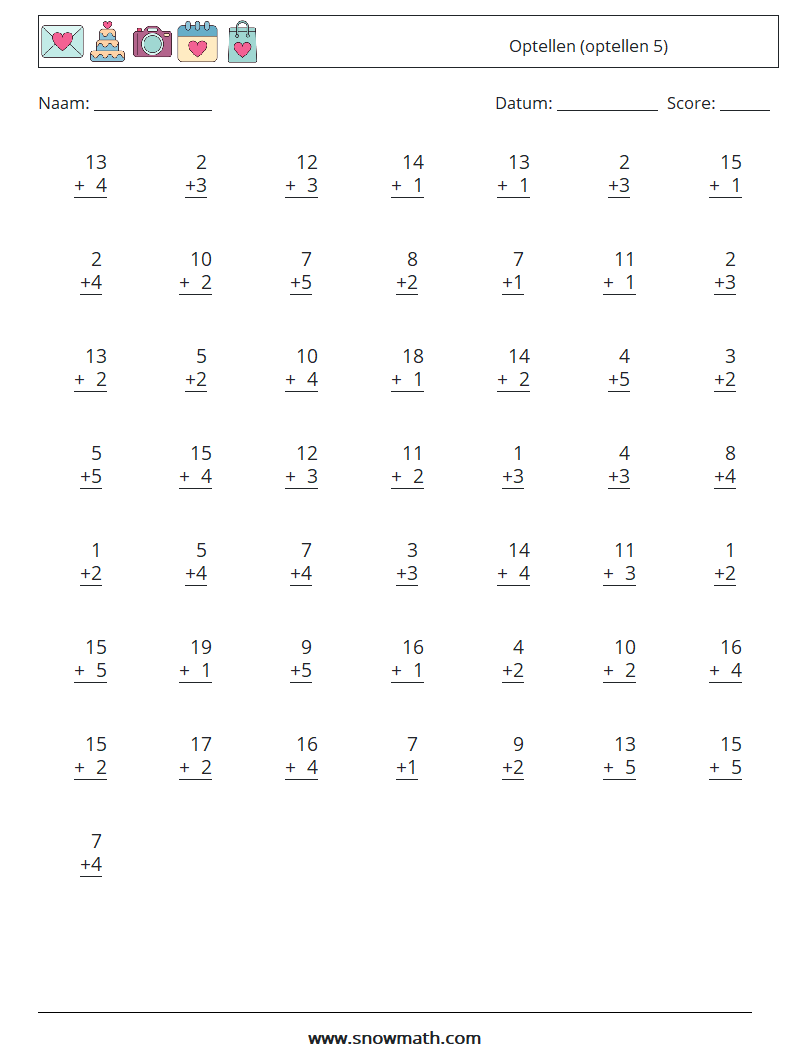 (50) Optellen (optellen 5) Wiskundige werkbladen 12